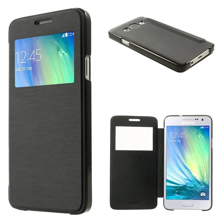 For Samsung Galaxy A3 SM-A300F View Window Leather Cover w/ PC Back - Black