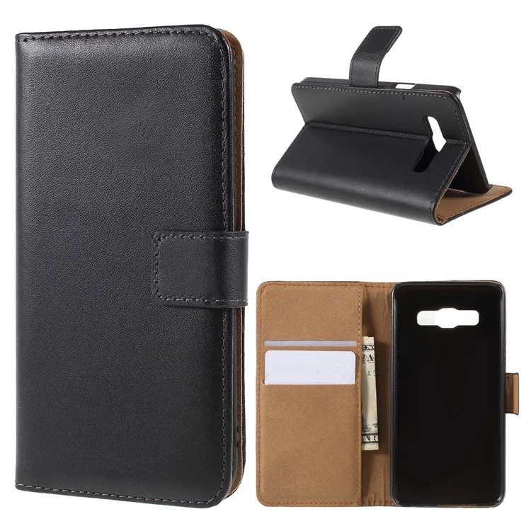 Genuine Split Leather Wallet Case for Samsung Galaxy A3 SM-A300F w/ Stand - Black