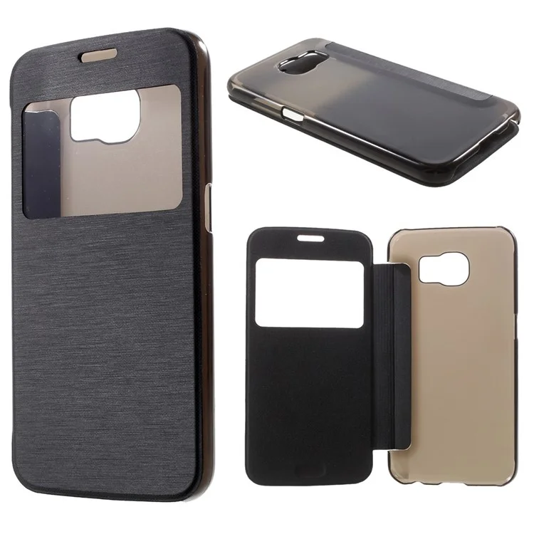 Window View Leather Folio Case for Samsung Galaxy S6 G920 with Back Plastic Case - Black