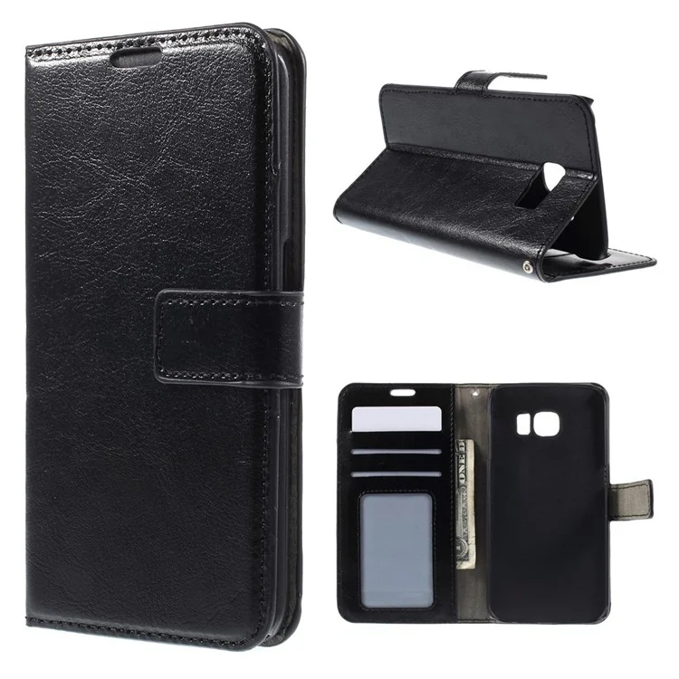 Crazy Horse Leather Wallet Cover for Samsung Galaxy S6 Edge SM-G925 - Black