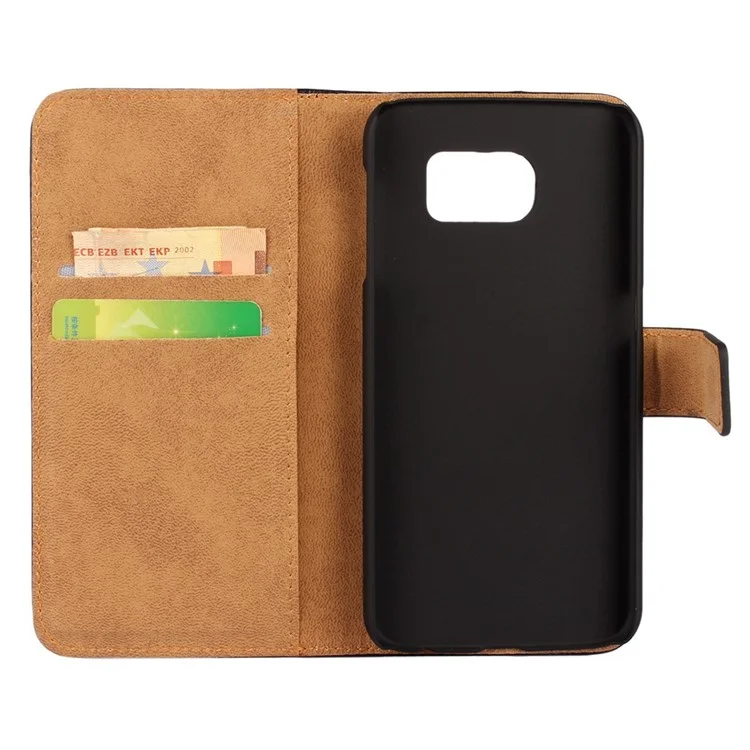 Genuine Leather Wallet Case for Samsung Galaxy S6 G920 with Stand - Black