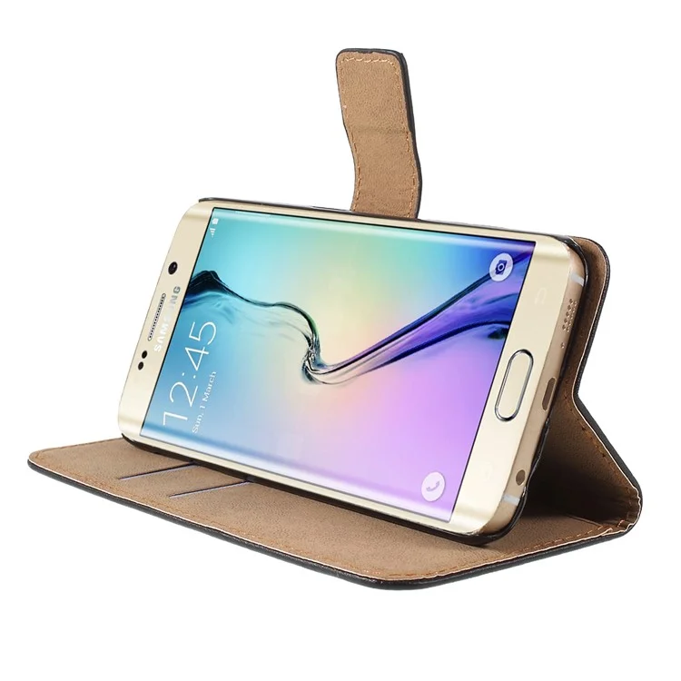 Genuine Split Leather Wallet Case for Samsung Galaxy S6 Edge G925 with Stand - Black