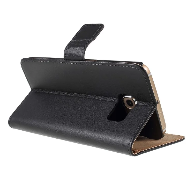 Genuine Split Leather Wallet Case for Samsung Galaxy S6 Edge G925 with Stand - Black