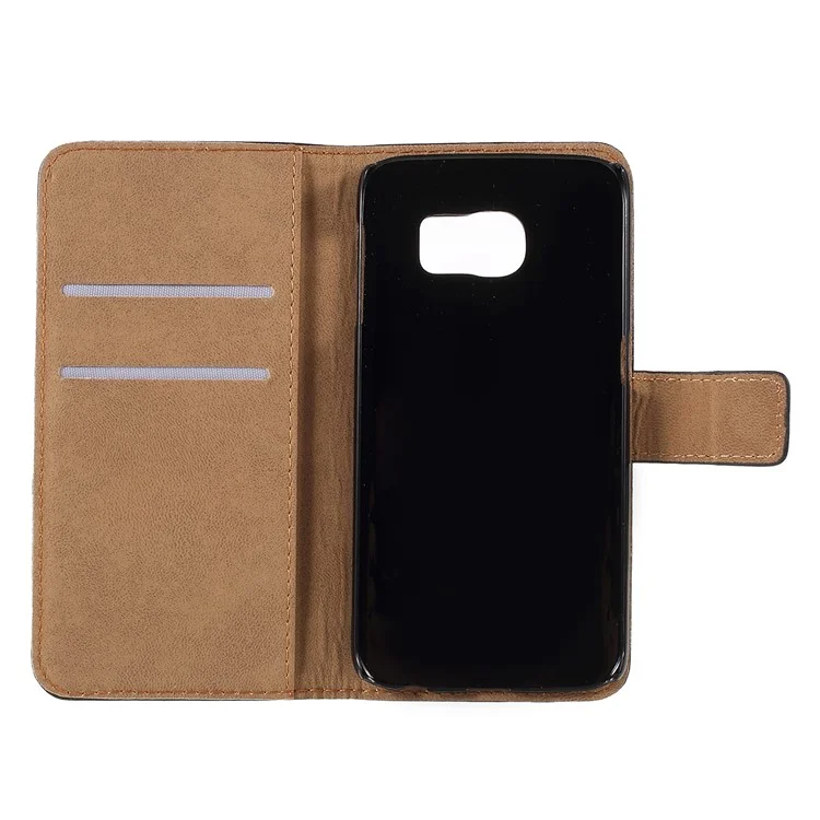 Genuine Split Leather Wallet Case for Samsung Galaxy S6 Edge G925 with Stand - Black