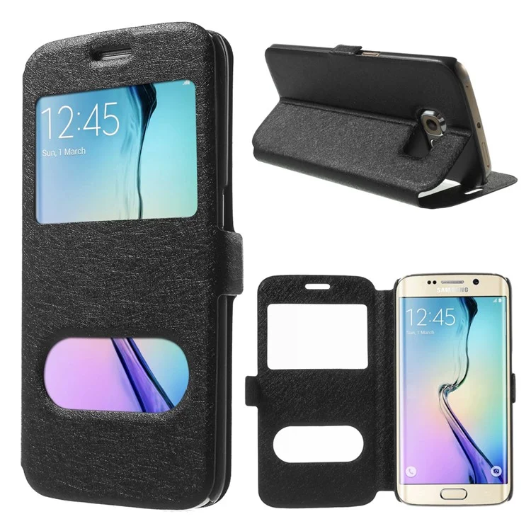Silk Texture Dual Windows Leather Case for Samsung Galaxy S6 edge G925 - Black