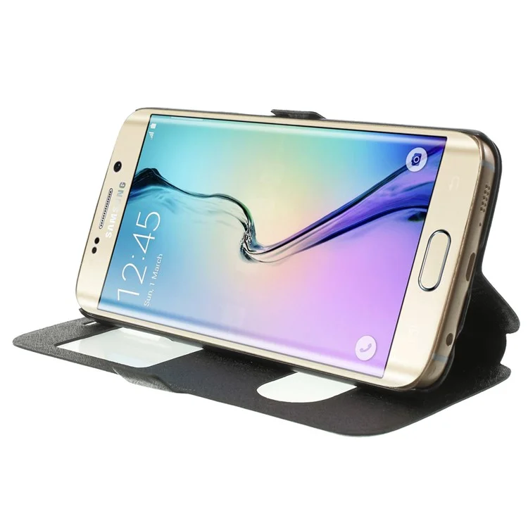 Silk Texture Dual Windows Leather Case for Samsung Galaxy S6 edge G925 - Black