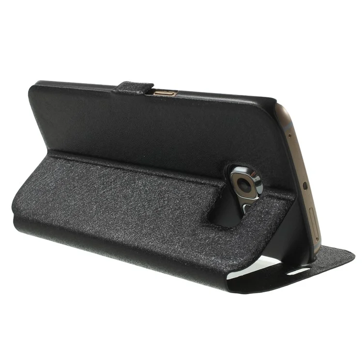 Silk Texture Dual Windows Leather Case for Samsung Galaxy S6 edge G925 - Black