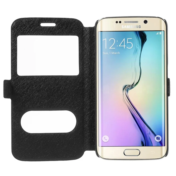 Silk Texture Dual Windows Leather Case for Samsung Galaxy S6 edge G925 - Black