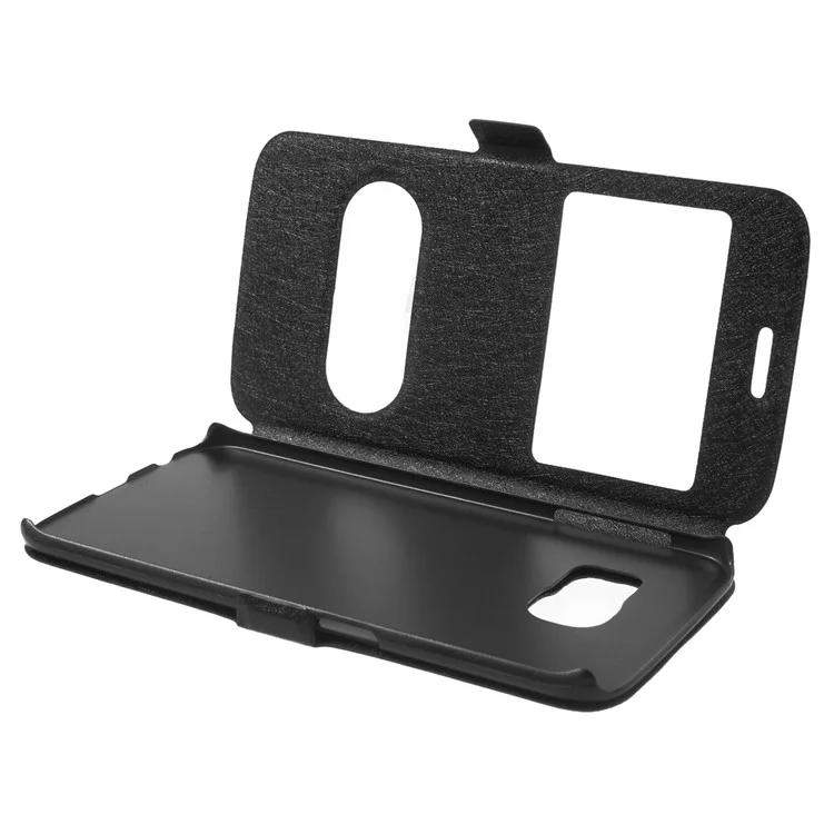 Silk Texture Dual Windows Leather Case for Samsung Galaxy S6 edge G925 - Black