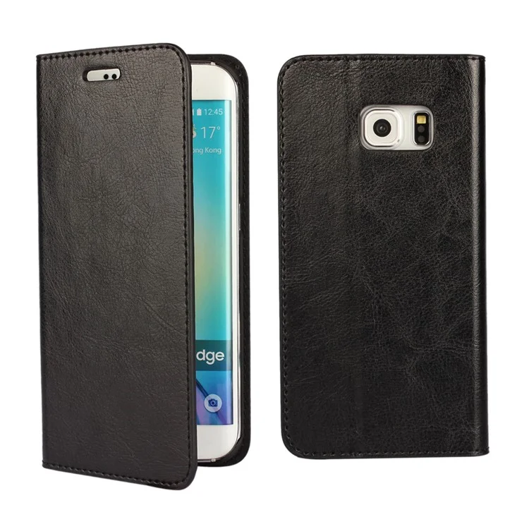 Genuine Split Leather Wallet Case for Samsung Galaxy S6 edge G925 - Black