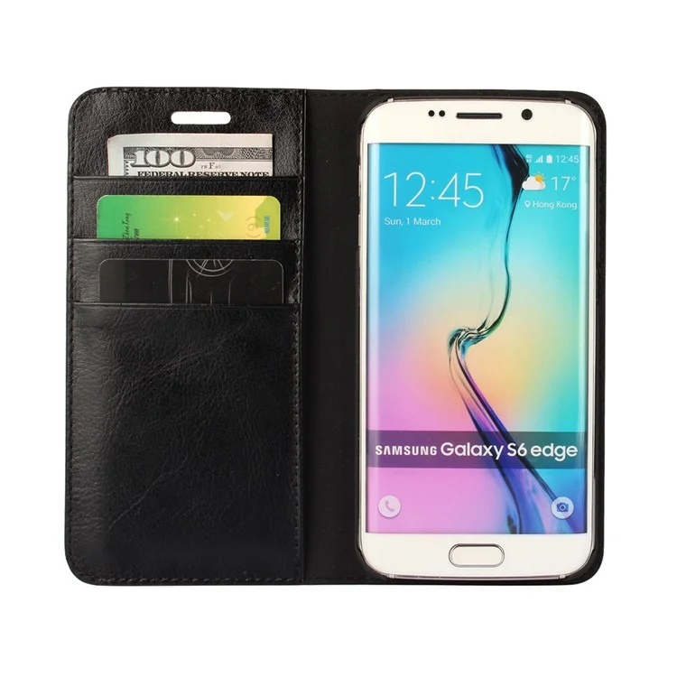 Genuine Split Leather Wallet Case for Samsung Galaxy S6 edge G925 - Black