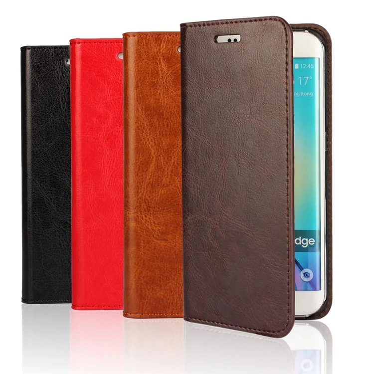 Genuine Split Leather Wallet Case for Samsung Galaxy S6 edge G925 - Black