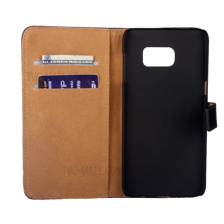 Genuine Split Wallet Leather Stand Case for Samsung Galaxy S6 Edge Plus SM-G928 - Black