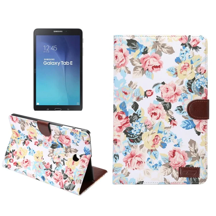 Flowers Leather Wallet Cover for Samsung Galaxy Tab E 9.6 T560 with Stand - White
