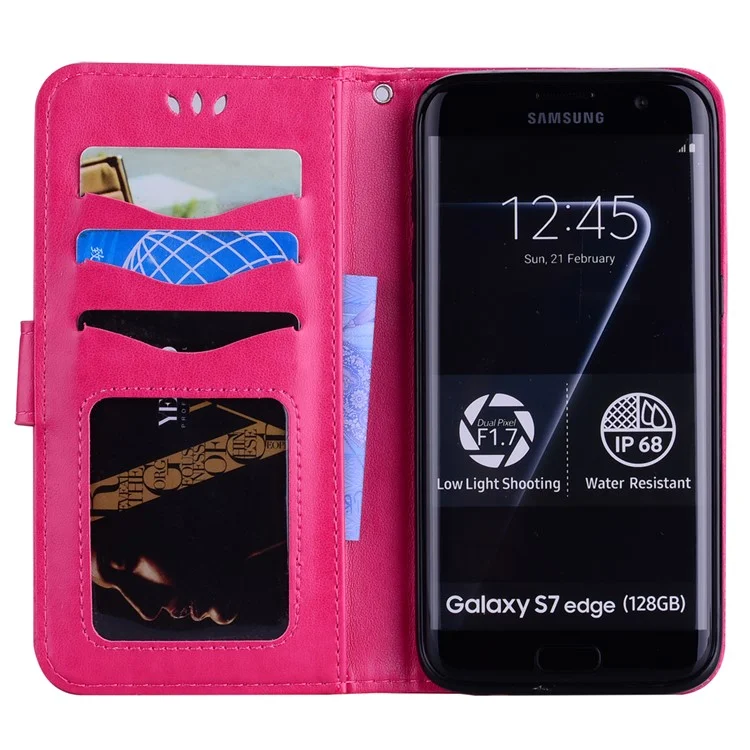 Flash Powder Unicorn Imprint Flower Leather Wallet Stand Cellphone Cover for Samsung Galaxy S7 edge G935 - Rose