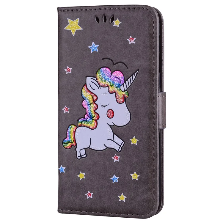 For Samsung Galaxy A5 (2017) SM-A520 Flash Powder Unicorn Imprint Flower PU Leather Wallet Stand Phone Case - Grey