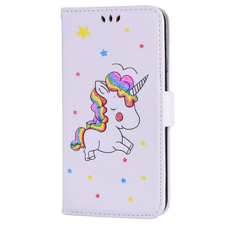 Flash Powder Unicorn Imprint Flower Leather Wallet Stand Cellphone Casing for Samsung Galaxy J7 Pro (2017) / J7 (2017) EU Version - White