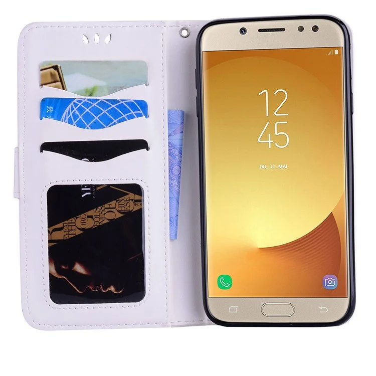 Flash Powder Unicorn Imprint Flower Leather Wallet Stand Cellphone Casing for Samsung Galaxy J7 Pro (2017) / J7 (2017) EU Version - White