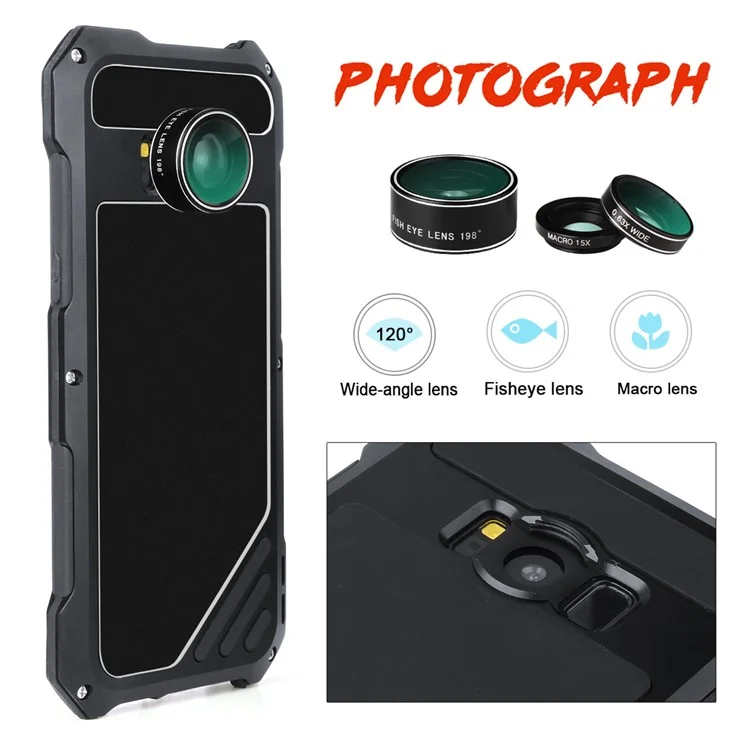 Heavy Duty Shockproof Metal Case with Fisheye/Wide-angle/Macro Lens for Samsung Galaxy S8 G950 - Black