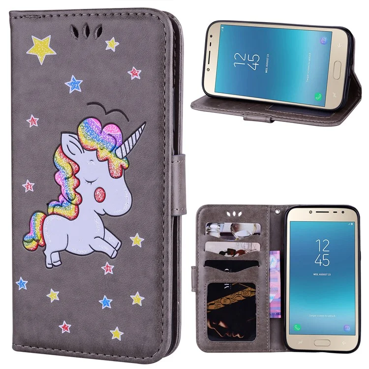 Flash Powder Unicorn Pattern Wallet Leather Stand Case for Samsung Galaxy J2 Pro 2018 - Grey