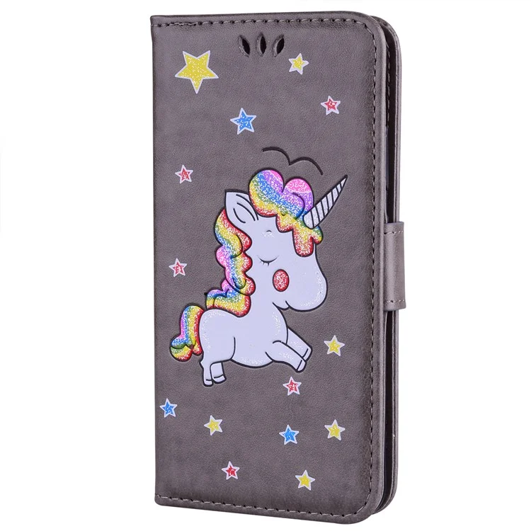 Flash Powder Unicorn Pattern Wallet Leather Stand Case for Samsung Galaxy J2 Pro 2018 - Grey
