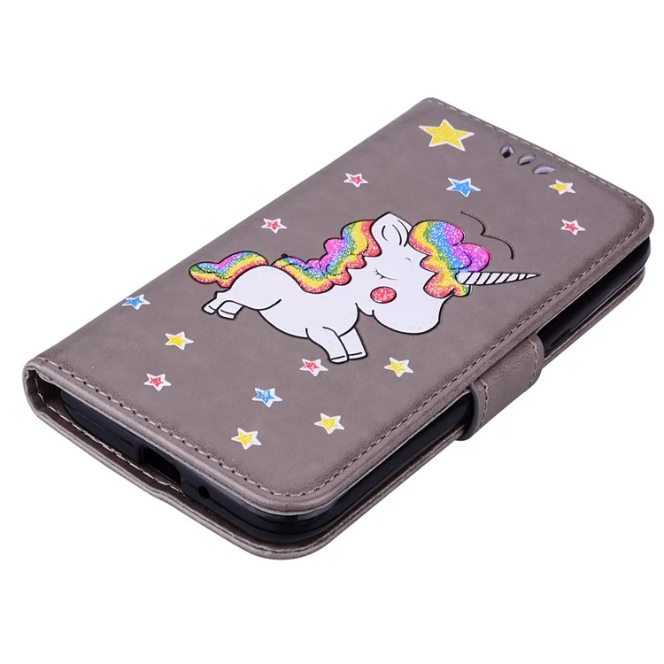 Flash Powder Unicorn Pattern Wallet Leather Stand Case for Samsung Galaxy J2 Pro 2018 - Grey
