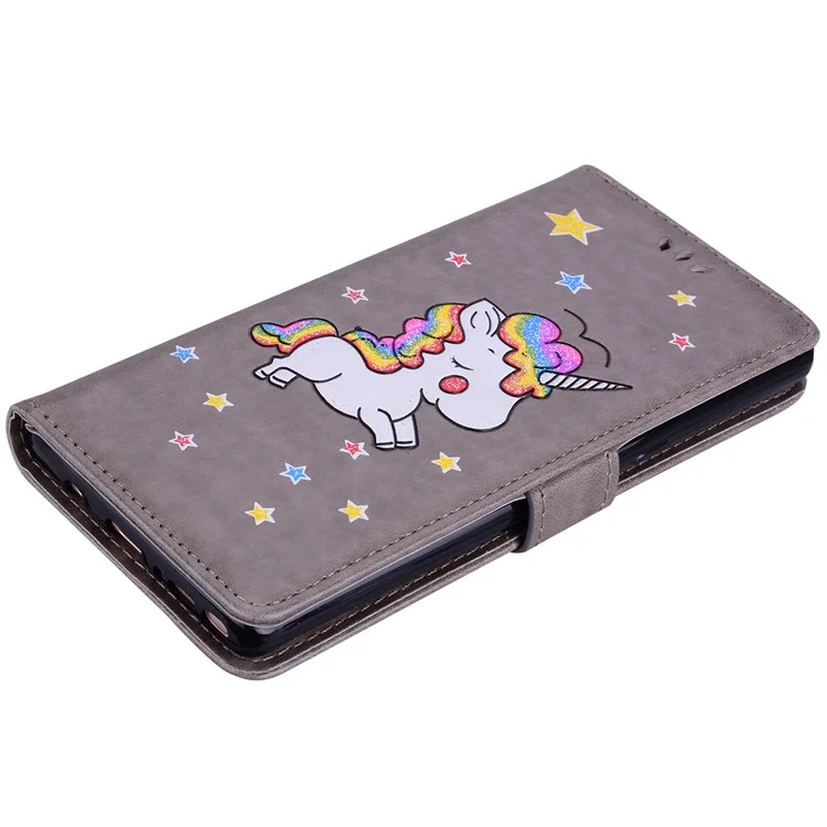 Flash Powder Unicorn Imprint Leather Wallet Stand Cellphone Case for Samsung Galaxy Note 8 SM-N950 - Grey