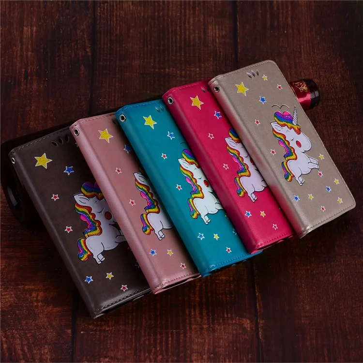 Flash Powder Unicorn Pattern Leather Wallet Stand Case for Samsung Galaxy S9 G960 - Grey