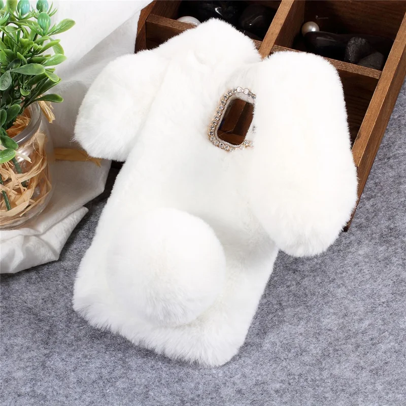 Rabbit Shape Fluffy Fur Coated Rhinestone TPU Cell Phone Case for Samsung Galaxy A6 (2018) - White