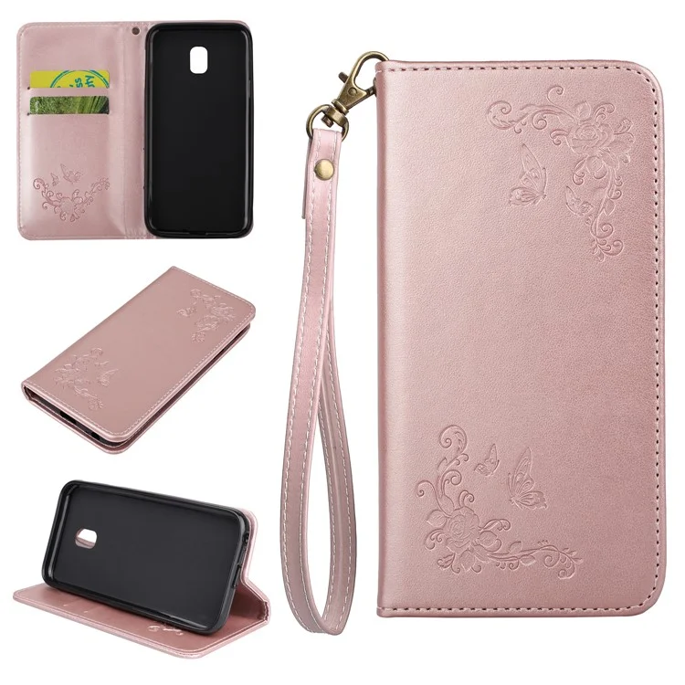 For Samsung Galaxy J3 (2017) EU Version Folio Imprint Butterfly Flower PU Leather Phone Casing - Rose Gold