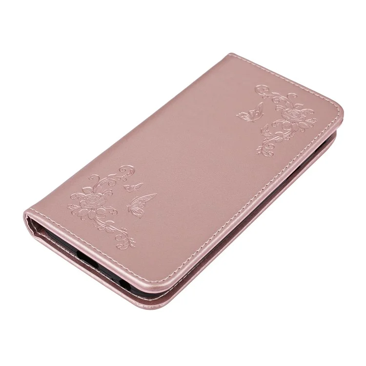 For Samsung Galaxy J3 (2017) EU Version Folio Imprint Butterfly Flower PU Leather Phone Casing - Rose Gold
