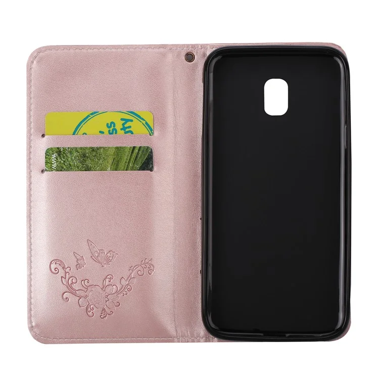 For Samsung Galaxy J3 (2017) EU Version Folio Imprint Butterfly Flower PU Leather Phone Casing - Rose Gold