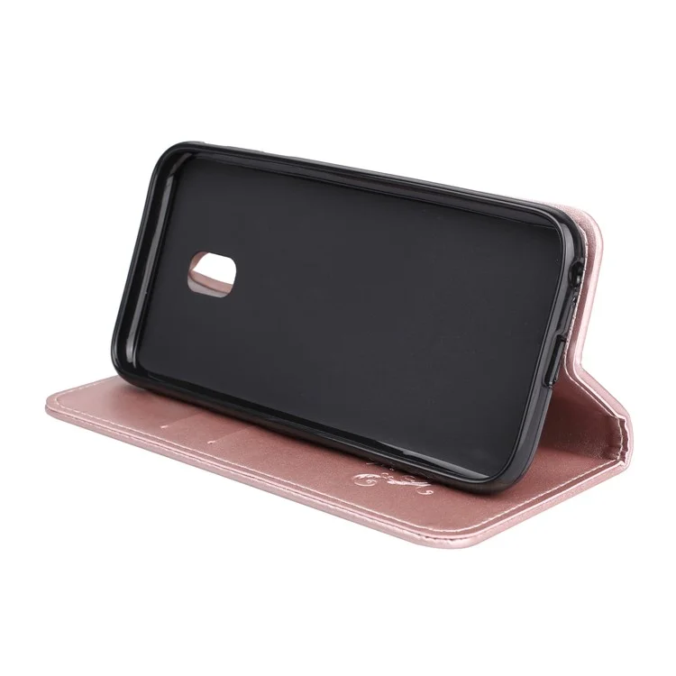 For Samsung Galaxy J3 (2017) EU Version Folio Imprint Butterfly Flower PU Leather Phone Casing - Rose Gold