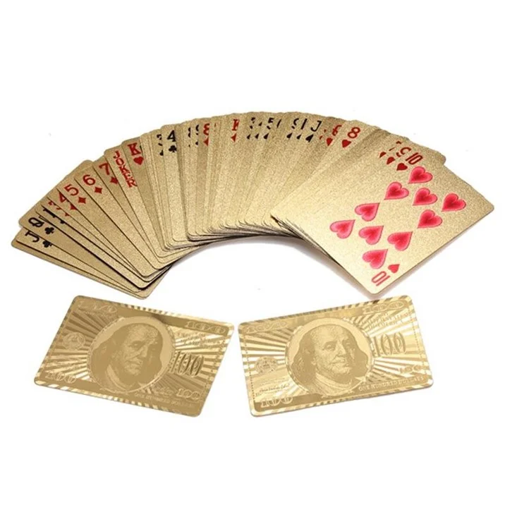 54Pcs Creative Waterproof 100 Dollar Plastic Poker Gold Foil Playing Cards Pokers Set - Gold Color