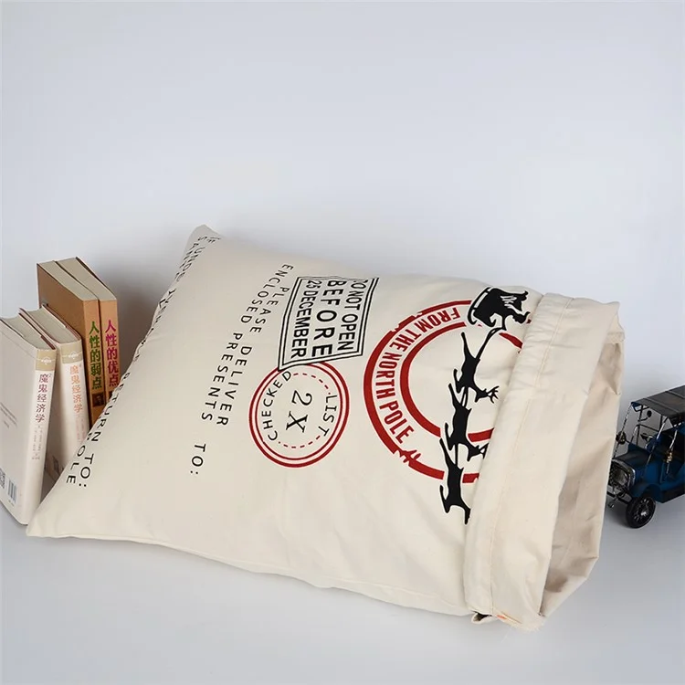 Cotton Canvas Drawstring Christmas Gifts Bag Santa Sack - Santa and Moose Delivery / Beige