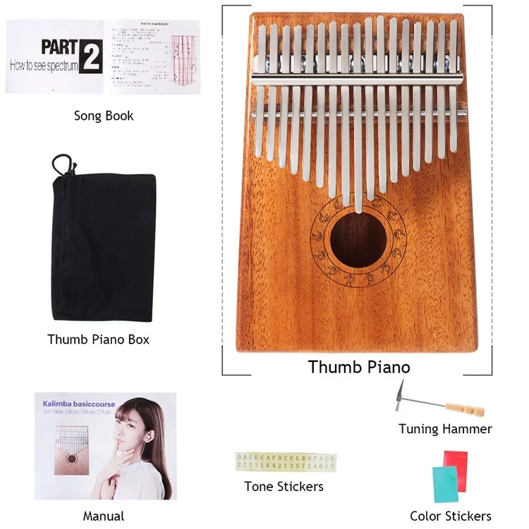 17 Keys Kalimba Thumb Piano with Instruction and Tune Hammer Mahogany Body Metal Tines