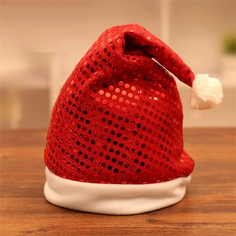 Chapéu de Papai Noel com Lantejoulas de Natal Branco Escovado Lado Pompom Ball Christmas - Lantejoulas Vermelhas