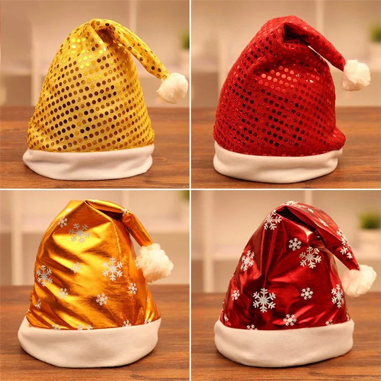 Chapéu de Papai Noel com Lantejoulas de Natal Branco Escovado Lado Pompom Ball Christmas - Lantejoulas Vermelhas