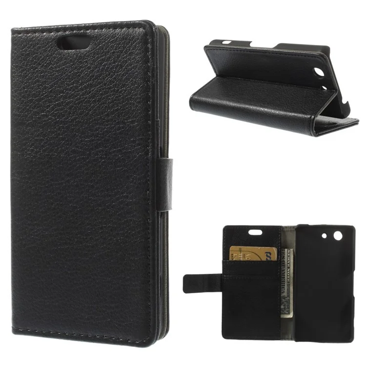 Lychee Texture Wallet Leather Bracket Case for Sony Xperia Z3 Compact D5803 M55w - Black