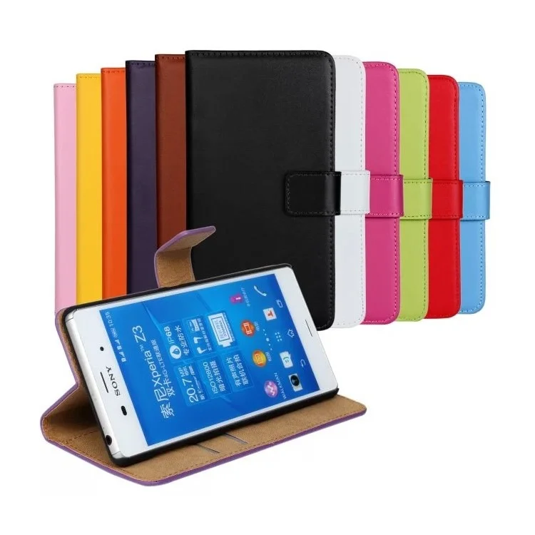 Split Genuine Leather Wallet Stand Case for Sony Xperia Z3 D6603 D6643 - Black