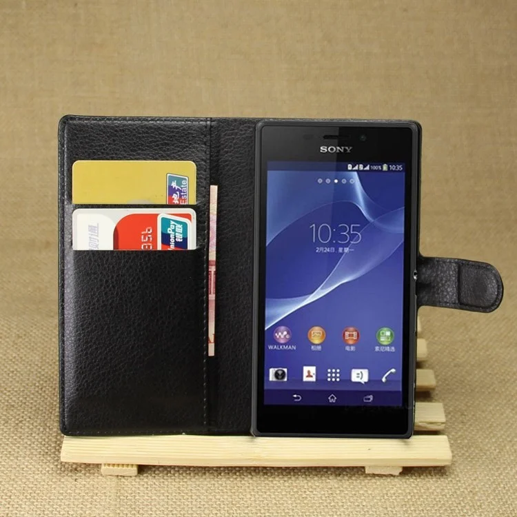 Leather Wallet Case for Sony Xperia M2 Aqua w/ Stand - Black