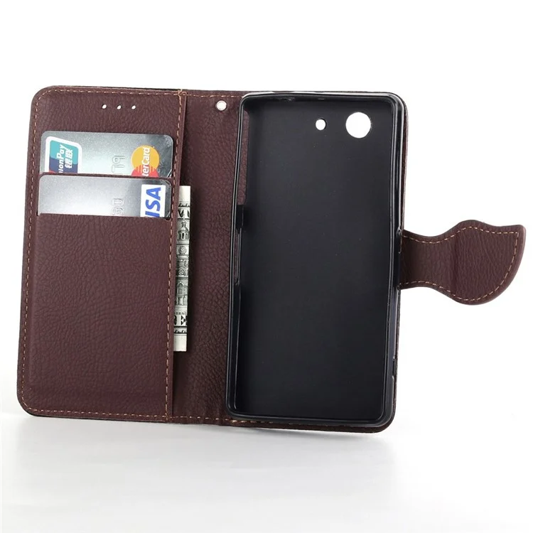 Black for Sony Xperia Z3 Compact Leaf Pattern Leather Wallet Stand Case w/ Lanyard