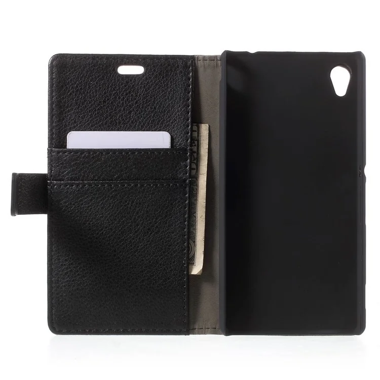 Litchi Texture Leather Wallet Case for Sony M4 Aqua / Aqua Dual with Stand - Black