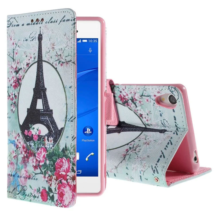 Callfree Patterned Leather Stand Cover for Sony Xperia Z3 D6603 D6643 - Eiffel Tower and Flowers