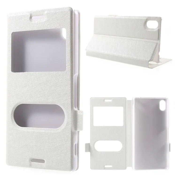 Dual View Windows Silk Texture Leather Stand Cover for Sony Xperia M4 Aqua / Dual - White