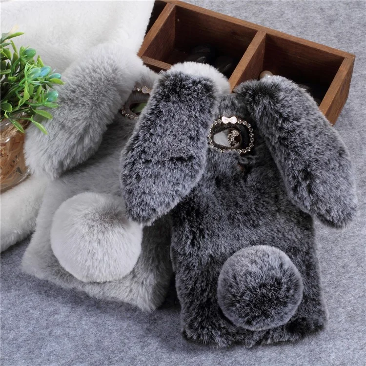 Rabbit Shape Fluffy Fur Coated Rhinestone TPU Case for Sony Xperia XA2 Ultra - Light Grey