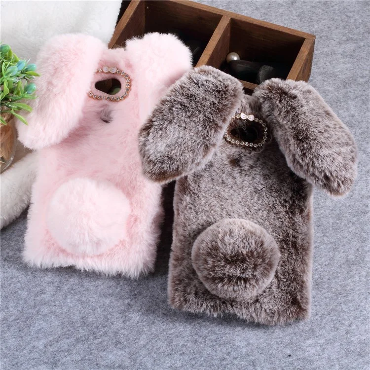 Rabbit Shape Fluffy Fur Coated Rhinestone TPU Case for Sony Xperia XA2 Ultra - Light Grey