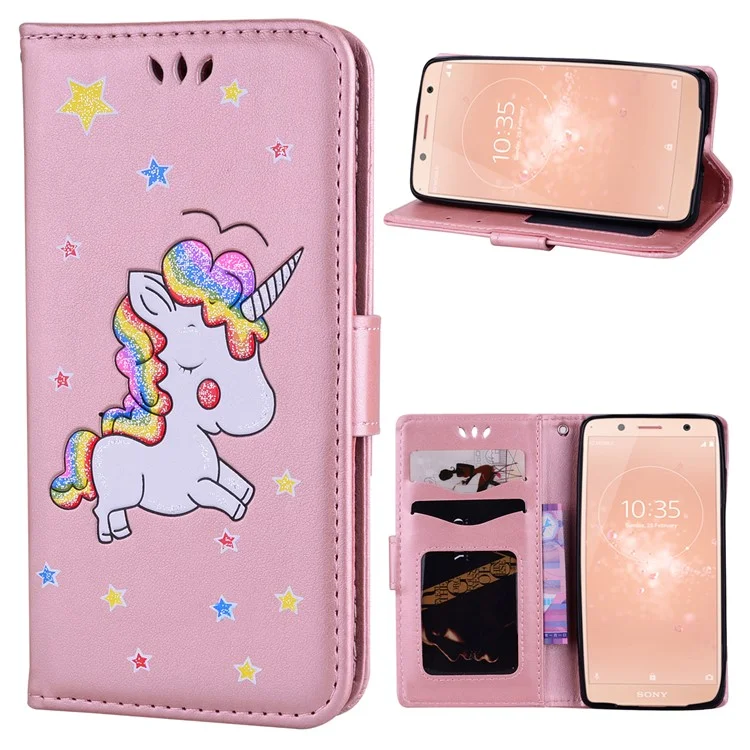 Flash Powder Unicorn Imprint Flower Leather Wallet Stand Cover for Sony Xperia XZ2 Compact - Pink