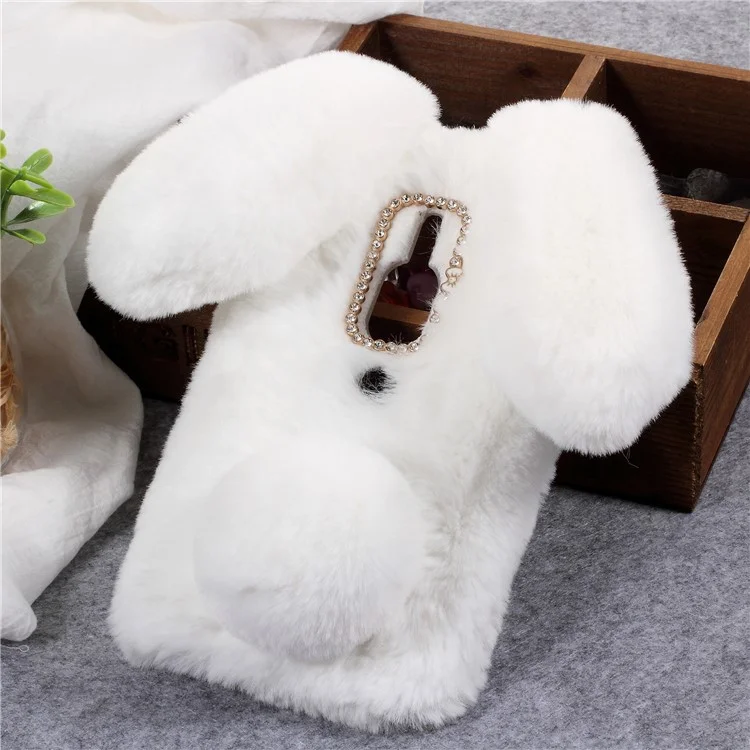 White - Rabbit Shape Fluffy Fur Coated Rhinestone TPU Mobile Phone Shell for Sony Xperia XZ2 Premium