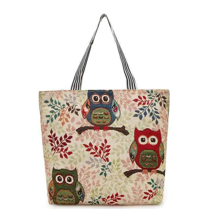 Fashion Owl Pattern Embroidery Canvas Carrier Bag Shoulder Bag for Ladies - Three Owls
